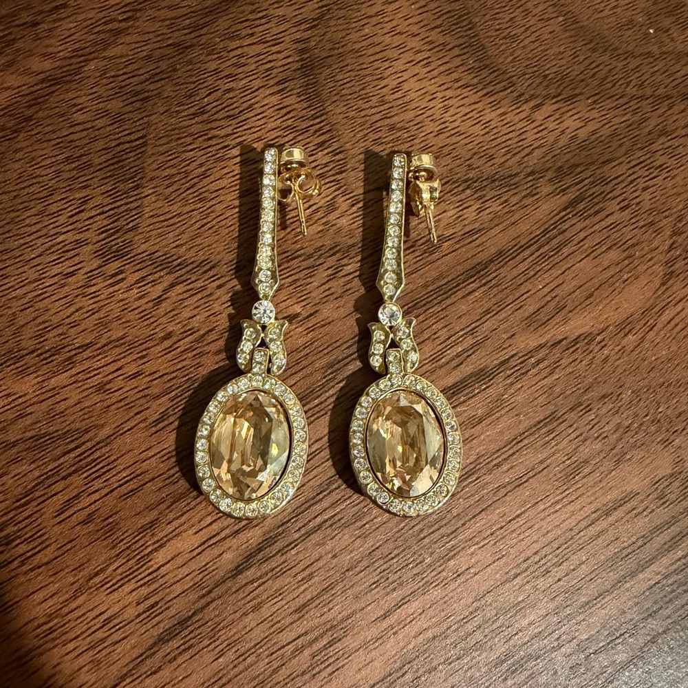 Gold-Tone Drop Earrings with Oval Champagne Crystal & Pavé Accents